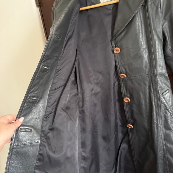 80s Vintage Emotion Dark Gray Leather Trench Coat with Belt | Small Retro - Picture 9 of 10